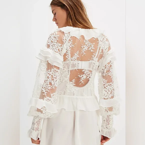 For Love & Lemons Holiday Lace Blouse (SAMPLE) Silk Top S Romantic Sheer Lace - Picture 6 of 16